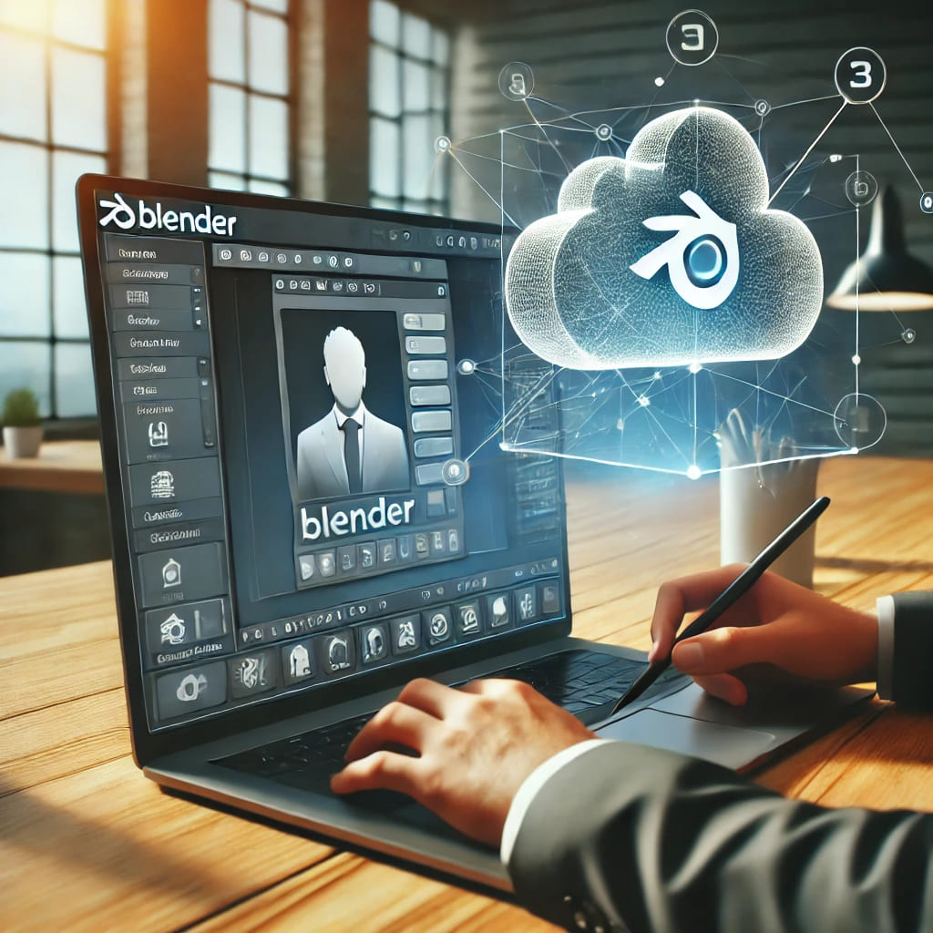 Person using Blender online on a laptop, with the Blender 3D interface visible on the screen. The workspace is minimalist, featuring a bright and creative environment, symbolizing cloud-based technology and artistic productivity