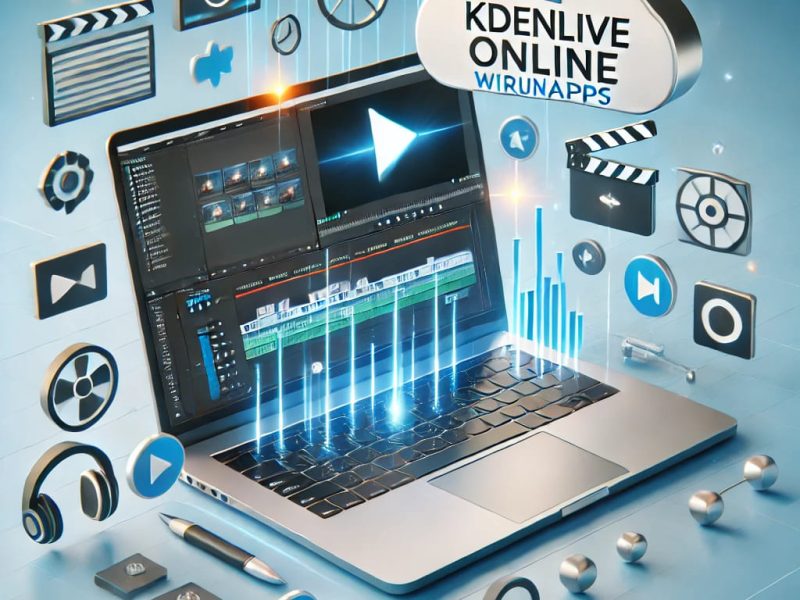 Illustration of using Kdenlive online with RunApps, featuring a laptop displaying the Kdenlive video editing interface, surrounded by floating icons representing video editing tools, cloud accessibility, and a browser window, emphasizing the convenience of cloud-based video editing.