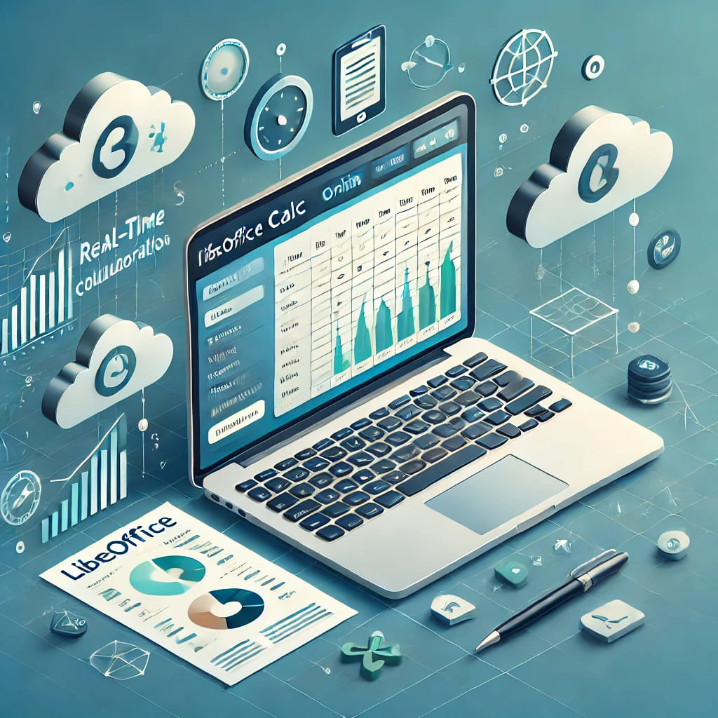 A professional banner showcasing OffiDocs LibreOffice Calc online with RunApps. The design features a laptop displaying a spreadsheet editor, with icons representing cloud access, real-time collaboration, and chart creation, set against a modern blue and green background with subtle cloud and network elements