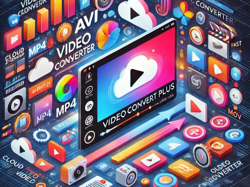 Illustration showcasing VideoConvertPlus features, including video format conversion (MP4, AVI, MOV), cloud storage integration, and seamless video editing tools.