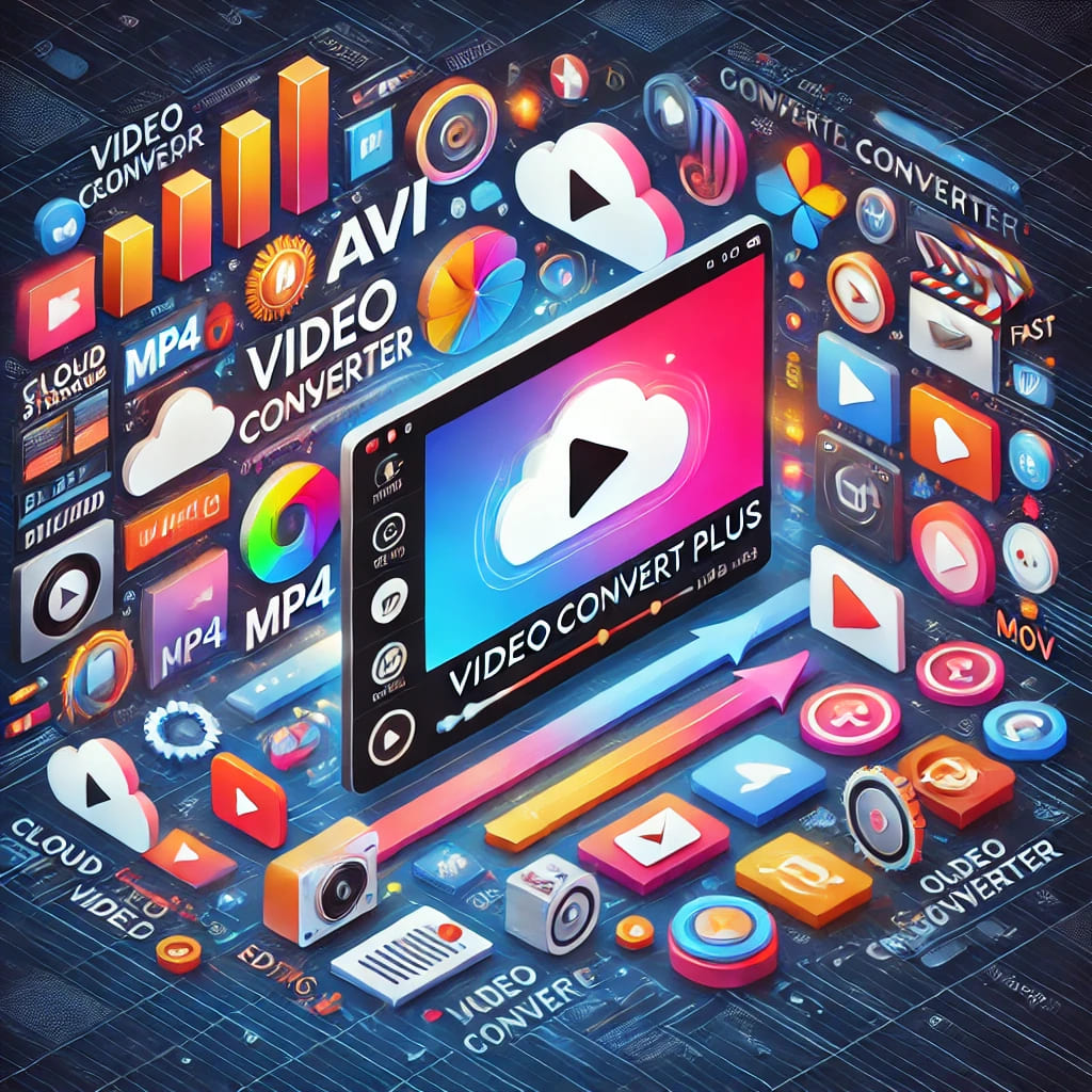 Illustration showcasing VideoConvertPlus features, including video format conversion (MP4, AVI, MOV), cloud storage integration, and seamless video editing tools.