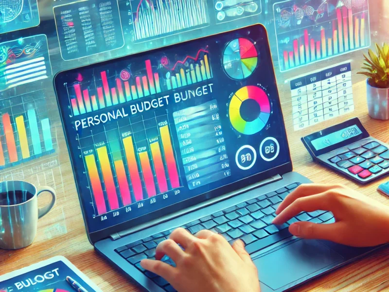 User managing a personal budget using XlsCloud on a laptop screen, displaying a colorful spreadsheet with dynamic charts and graphs. Background shows synchronized budget data on a tablet and smartphone. The scene conveys productivity, financial organization, and convenience in a modern workspace.