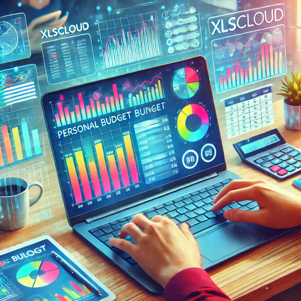 User managing a personal budget using XlsCloud on a laptop screen, displaying a colorful spreadsheet with dynamic charts and graphs. Background shows synchronized budget data on a tablet and smartphone. The scene conveys productivity, financial organization, and convenience in a modern workspace.