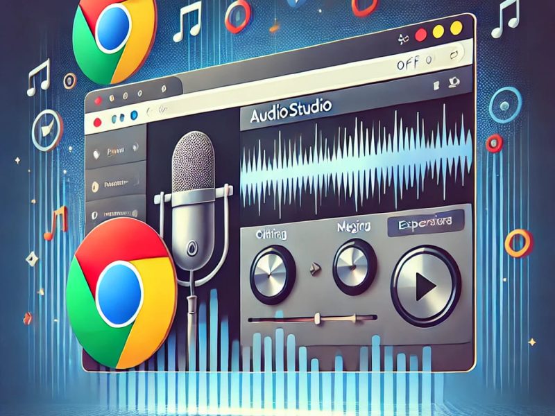 A professional and modern image showcasing the installation and usage of the AudioStudio Chrome extension for OffiDocs. The image features a Google Chrome browser window displaying the AudioStudio extension page, an audio editing interface with sound waveforms, and icons representing key features such as cutting, merging, and exporting audio files. The design is clean and visually appealing, suitable for informative blog posts and promotional content.