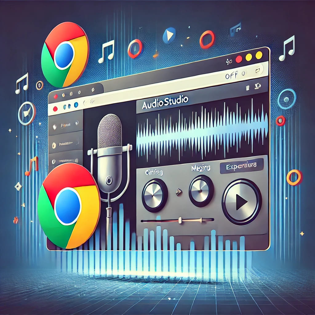 A professional and modern image showcasing the installation and usage of the AudioStudio Chrome extension for OffiDocs. The image features a Google Chrome browser window displaying the AudioStudio extension page, an audio editing interface with sound waveforms, and icons representing key features such as cutting, merging, and exporting audio files. The design is clean and visually appealing, suitable for informative blog posts and promotional content.