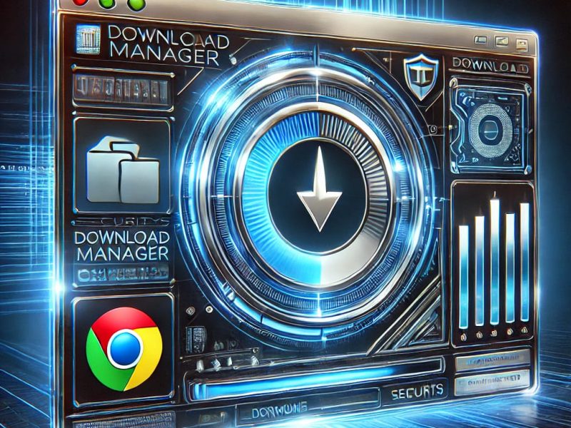 Futuristic download manager interface with active progress bar, file categories, and security icons. Chrome browser integration highlighted in a high-tech, neon blue cyber theme.