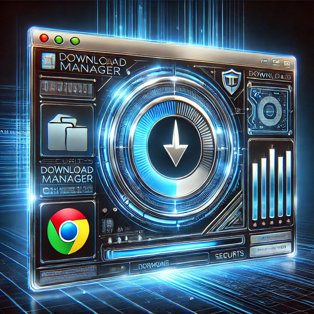 Futuristic download manager interface with active progress bar, file categories, and security icons. Chrome browser integration highlighted in a high-tech, neon blue cyber theme.