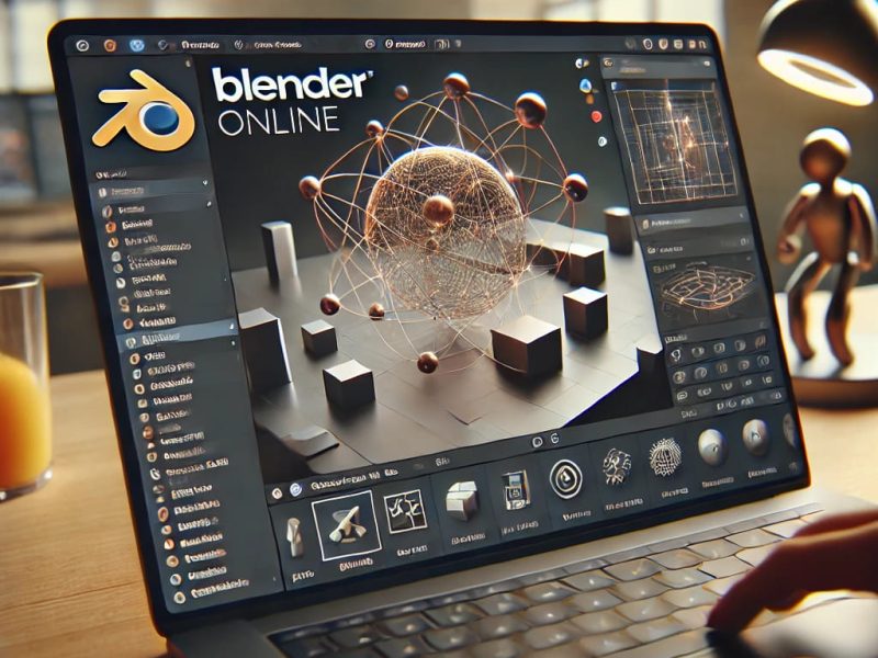 A modern digital workspace displaying the Blender Online Extension by OffiDocs. The image shows a laptop screen with the Blender interface open, emphasizing its cloud-based accessibility.