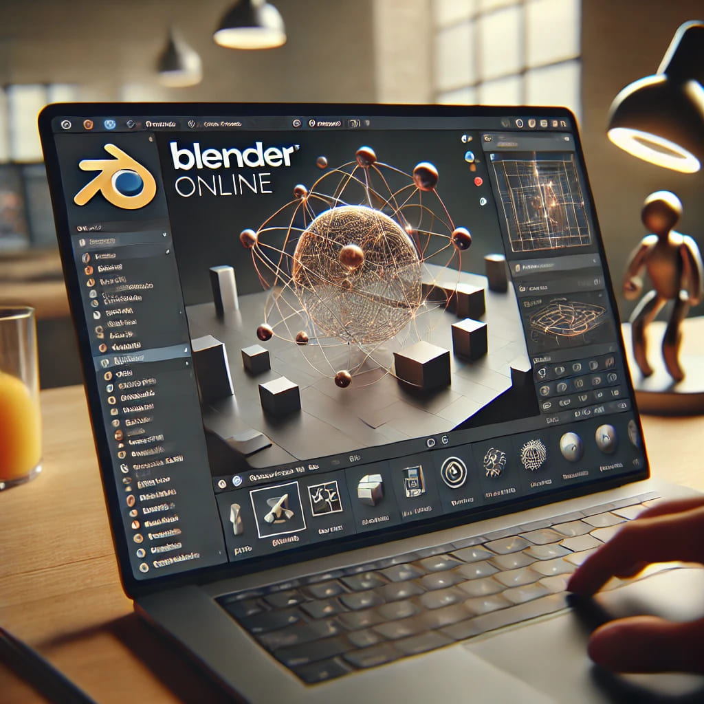 A modern digital workspace displaying the Blender Online Extension by OffiDocs. The image shows a laptop screen with the Blender interface open, emphasizing its cloud-based accessibility.