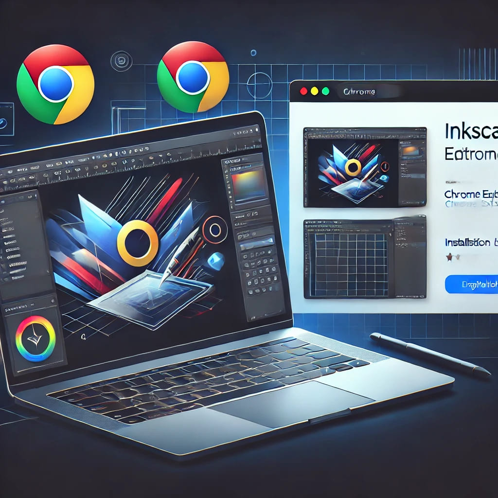 Professional laptop screen displaying the Inkscape Editor Chrome Extension in use, with vector graphics being edited. The Chrome Web Store page is visible in the background, highlighting the installation process.