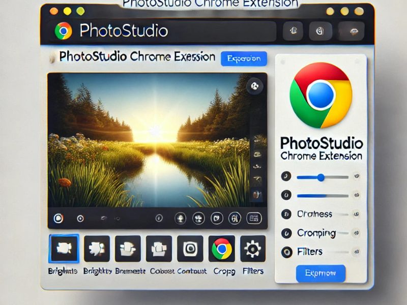 A high-quality digital illustration of the PhotoStudio Chrome Extension in action, showing a user editing a photo with brightness, contrast, cropping, and filter tools in a sleek Chrome browser interface.