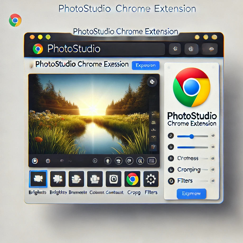 A high-quality digital illustration of the PhotoStudio Chrome Extension in action, showing a user editing a photo with brightness, contrast, cropping, and filter tools in a sleek Chrome browser interface.