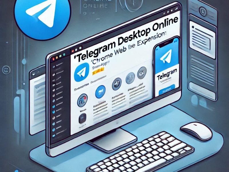 Professional digital illustration of a computer screen displaying the Chrome Web Store page for the 'Telegram Desktop Online' extension. The image features the Telegram logo and a sleek, tech-inspired background, representing online communication and productivity.