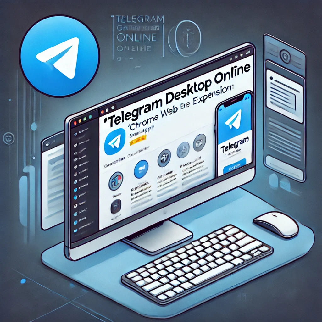 Professional digital illustration of a computer screen displaying the Chrome Web Store page for the 'Telegram Desktop Online' extension. The image features the Telegram logo and a sleek, tech-inspired background, representing online communication and productivity.