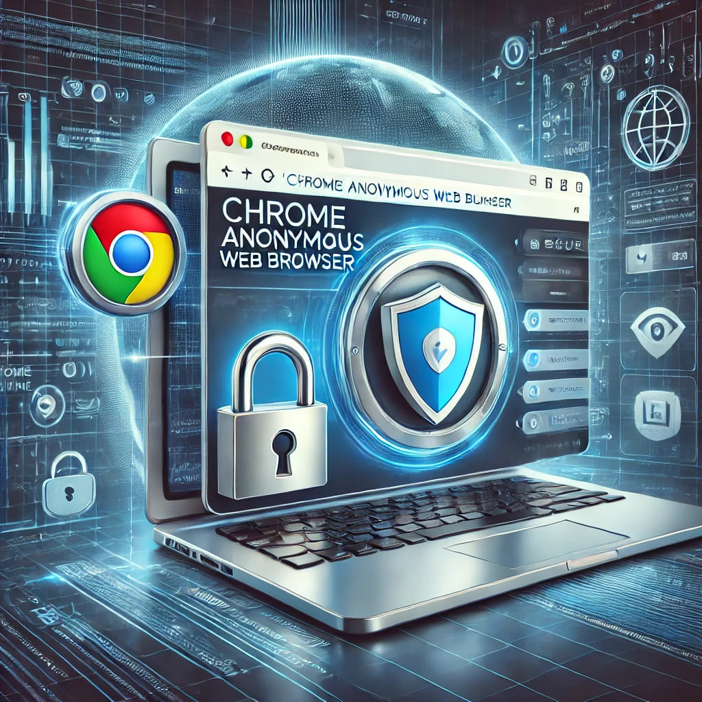 Digital illustration of a secure browsing session using Chrome Anonymous Web Browser via OffiDocsVPN, featuring a VPN shield icon, a Chrome browser window, and a lock symbol to emphasize online privacy and security