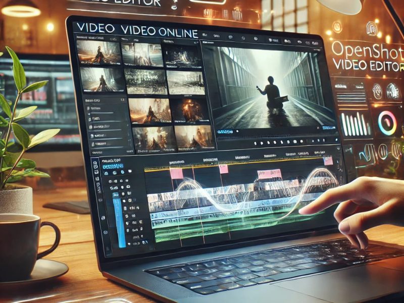 User editing a video online with OpenShot Video Editor via OffiDocs. The laptop screen displays a modern video editing interface with multiple tracks, transitions, and effects. The workspace has warm lighting, plants, and a coffee cup, creating a productive and inspiring atmosphere.