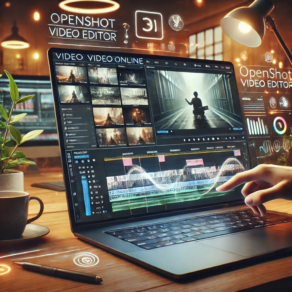 User editing a video online with OpenShot Video Editor via OffiDocs. The laptop screen displays a modern video editing interface with multiple tracks, transitions, and effects. The workspace has warm lighting, plants, and a coffee cup, creating a productive and inspiring atmosphere.