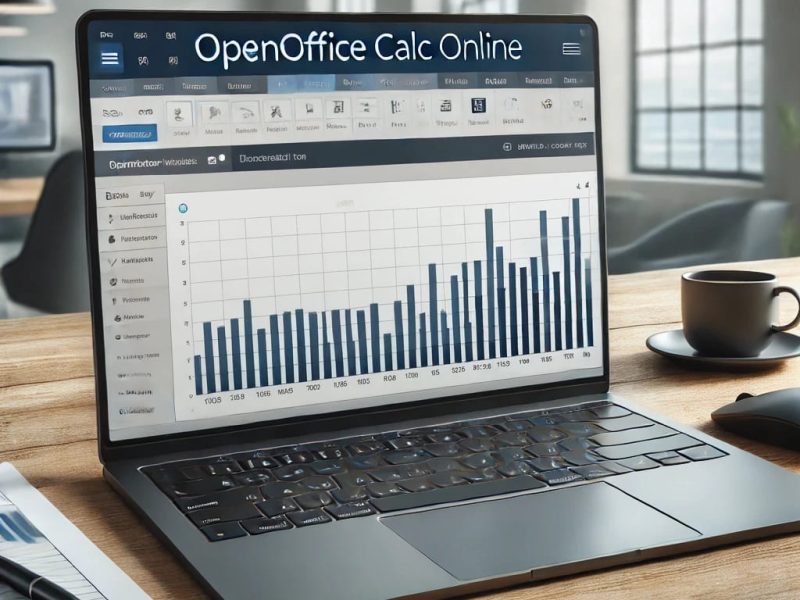 Laptop displaying OpenOffice Calc online with a realistic spreadsheet featuring organized numerical data, bar graphs, and pie charts in a modern office workspace with natural lighting.