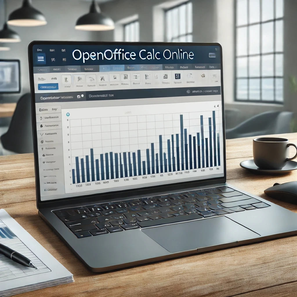 Laptop displaying OpenOffice Calc online with a realistic spreadsheet featuring organized numerical data, bar graphs, and pie charts in a modern office workspace with natural lighting.