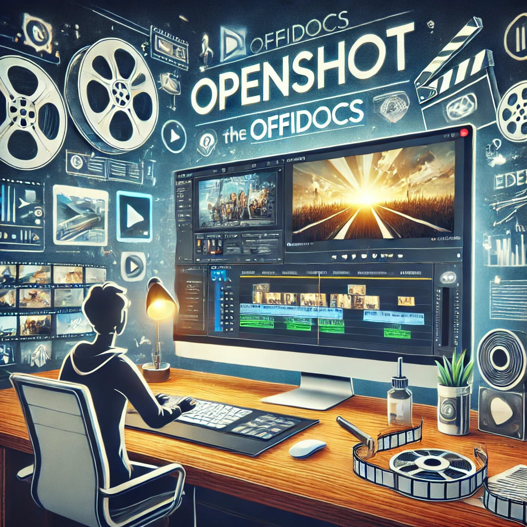 Illustration of a person editing a video using OpenShot on the OffiDocs platform, with a dynamic workspace showcasing video timelines, effects panels, and editing tools.