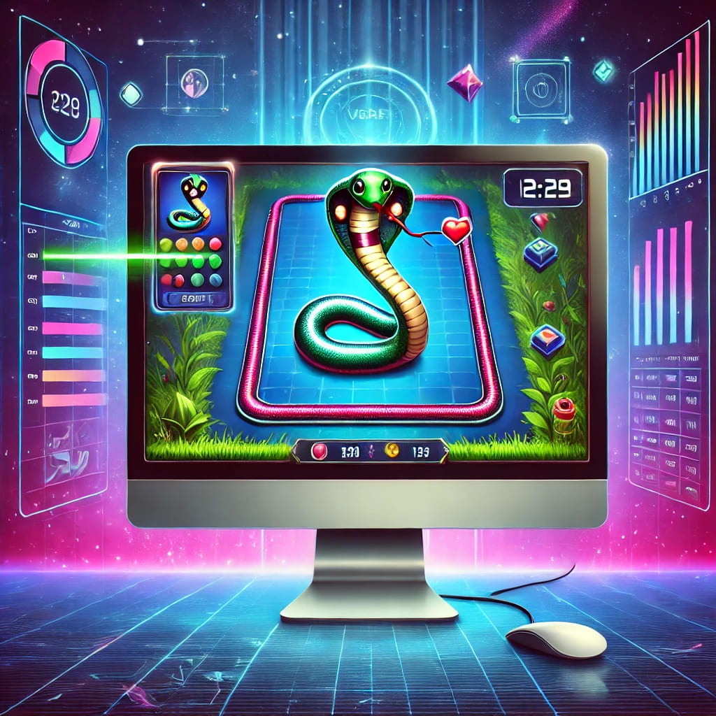 A vibrant digital illustration of the classic Snake game being played on the WinFy platform. A sleek computer screen displays a modern interface with a growing snake, food items, and a leaderboard. The background features gaming elements and neon-style accents, blending nostalgia with a futuristic design.