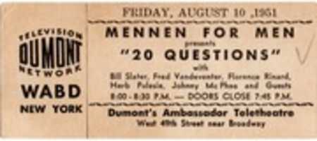 Free download 20 Questions Ticket (DuMont Television, 8-10-1951) free photo or picture to be edited with GIMP online image editor