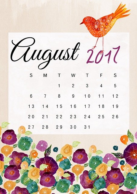 Free download August Calendar 2017 -  free illustration to be edited with GIMP free online image editor