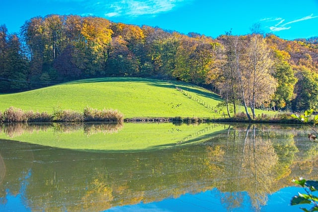 Free download blue sky blue lake green meadow free picture to be edited with GIMP free online image editor