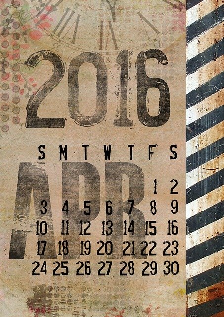 Free download Calendar 2016 April -  free illustration to be edited with GIMP free online image editor