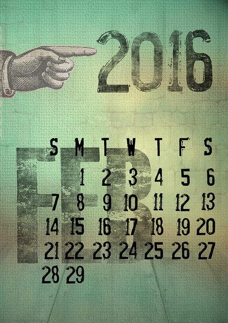 Free download Calendar 2016 February -  free illustration to be edited with GIMP free online image editor