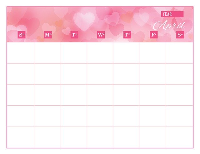 Free download Calendar Template April -  free illustration to be edited with GIMP free online image editor