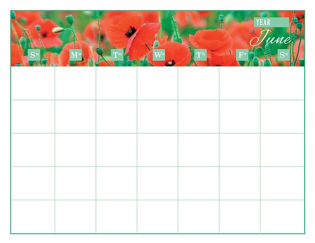 Free download Calendar Template June -  free illustration to be edited with GIMP free online image editor