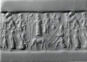 Free download Cylinder seal and modern impression: man spearing bull; griffin demon; deities above free photo or picture to be edited with GIMP online image editor