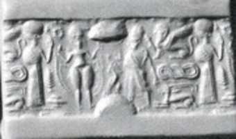 Free download Cylinder seal and modern impression: nude goddess faces a male figure; worshiper free photo or picture to be edited with GIMP online image editor