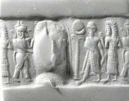 Free download Cylinder seal and modern impression: partially nude and robed goddesses raising ankh symbols over a king; weather god free photo or picture to be edited with GIMP online image editor