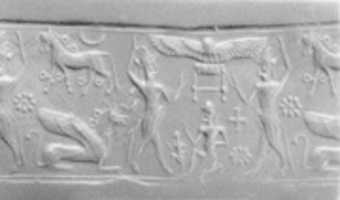 Free download Cylinder seal and modern impression: two bullmen flanking sun-disc; horse, griffin free photo or picture to be edited with GIMP online image editor