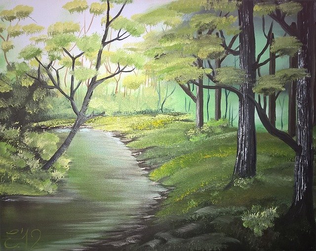 Free download Forest Watercourse Oil On -  free illustration to be edited with GIMP free online image editor