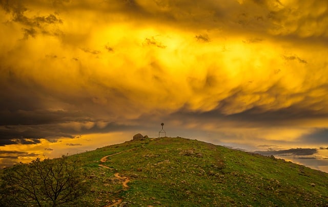 Free download hilltop clouds sky green gold free picture to be edited with GIMP free online image editor