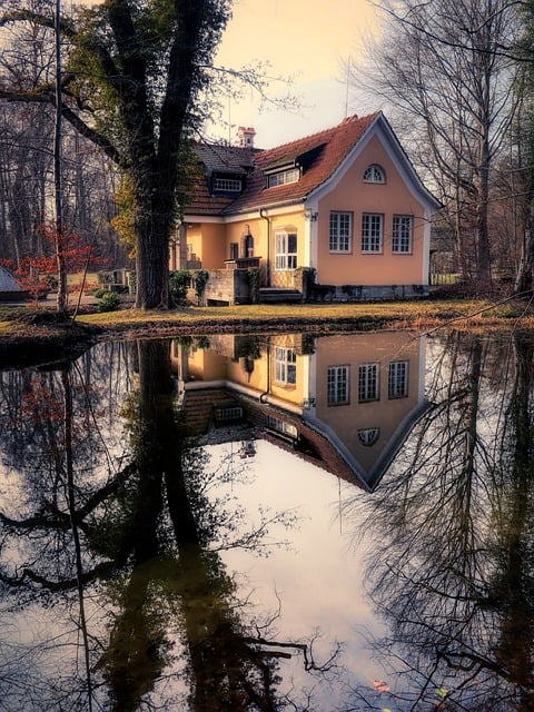 Free download house pond reflection trees mood free picture to be edited with GIMP free online image editor