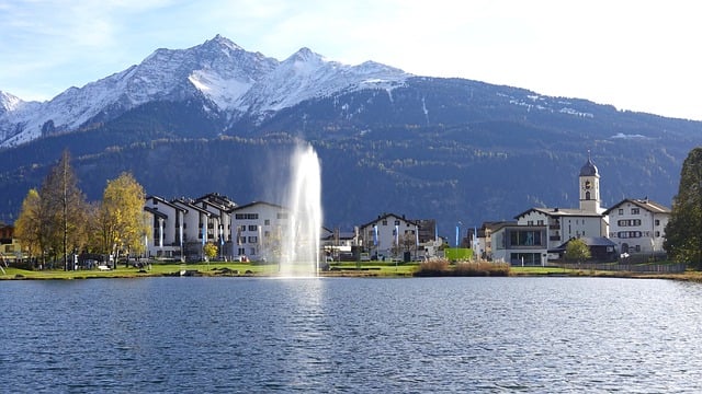 Free download laax town lake fountain fall free picture to be edited with GIMP free online image editor