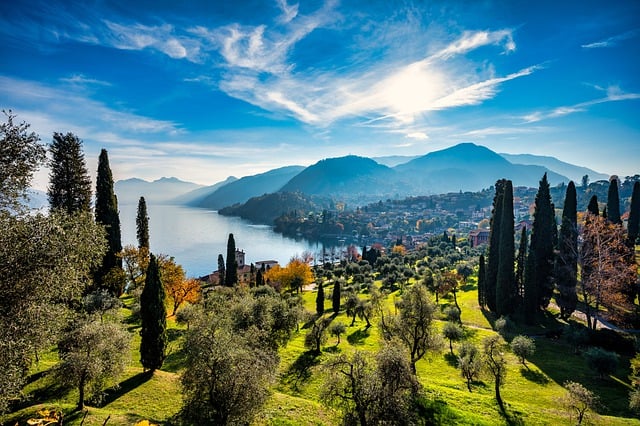 Free download lake lake como trees sunburst free picture to be edited with GIMP free online image editor