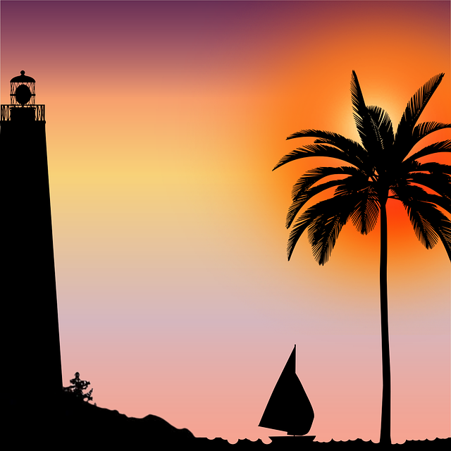 Free download Lighthouse Palm Tree Boat -  free illustration to be edited with GIMP free online image editor