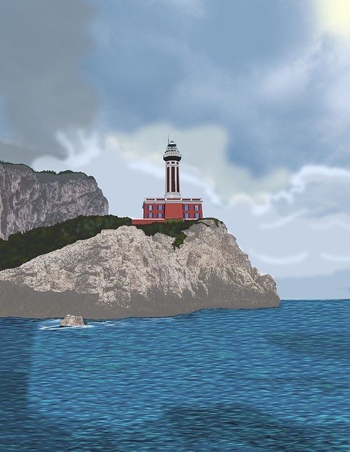 Free download Lighthouse Two Big Rocks Clouds -  free illustration to be edited with GIMP free online image editor