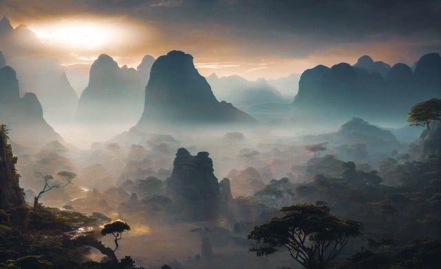 Free download mountains fog sunset trees rocks free picture to be edited with GIMP free online image editor