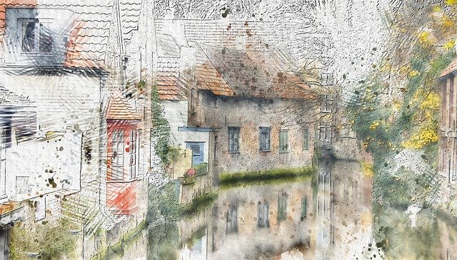 Free download Old Houses River -  free illustration to be edited with GIMP free online image editor