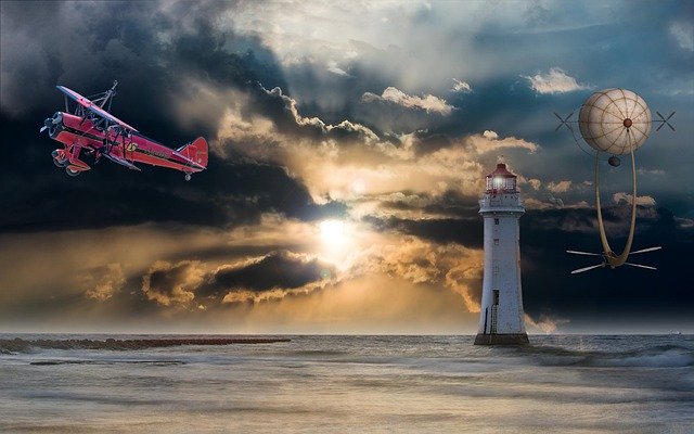 Free download Photomontage Lighthouse Aircraft -  free illustration to be edited with GIMP free online image editor