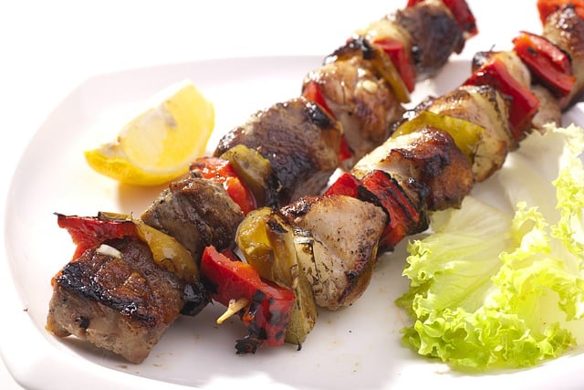 Free download pork skewers vegetables dish food free picture to be edited with GIMP free online image editor