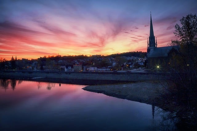 Free download river sunrise church calm saguenay free picture to be edited with GIMP free online image editor