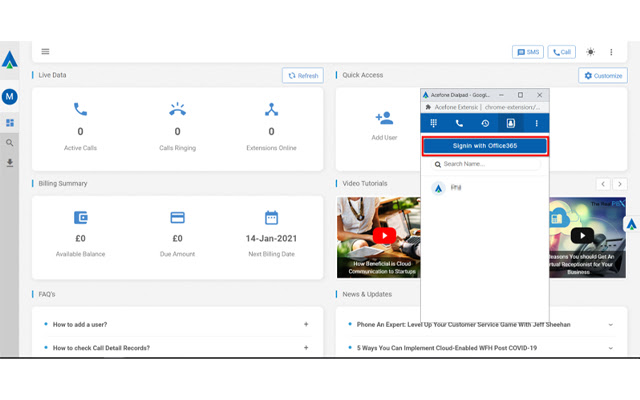 Acefone Extension For Office365  from Chrome web store to be run with OffiDocs Chromium online