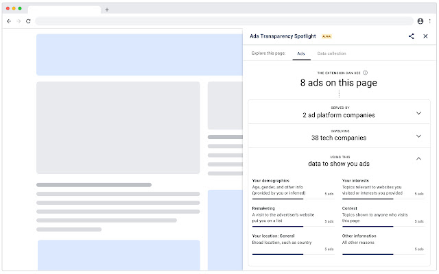 Ads Transparency Spotlight (Alpha)  from Chrome web store to be run with OffiDocs Chromium online